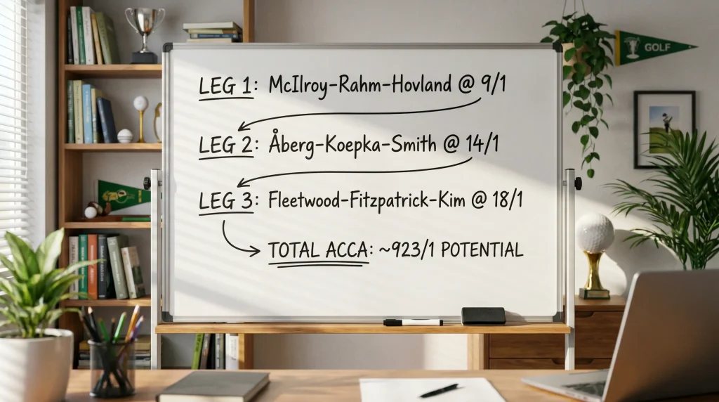 Whiteboard showing how accumulator odds multiply across three golf selections