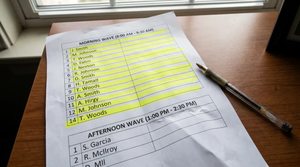 Golf tee-time sheet showing morning and afternoon wave groupings