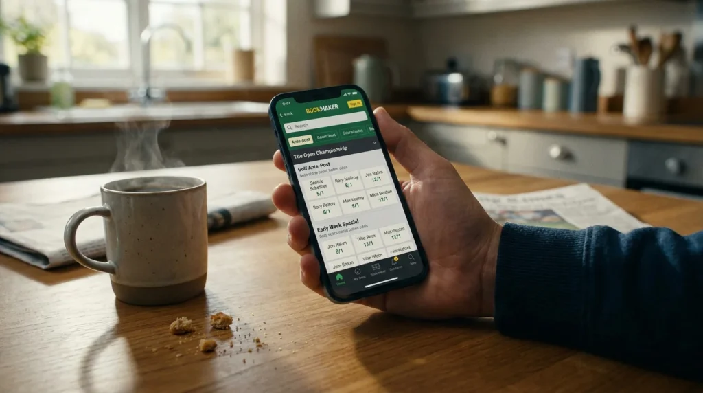 Punter placing a golf bet on a mobile phone early in the week