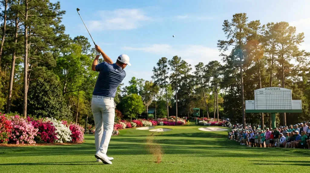 Golfer navigating an approach shot toward an elevated green at Augusta National
