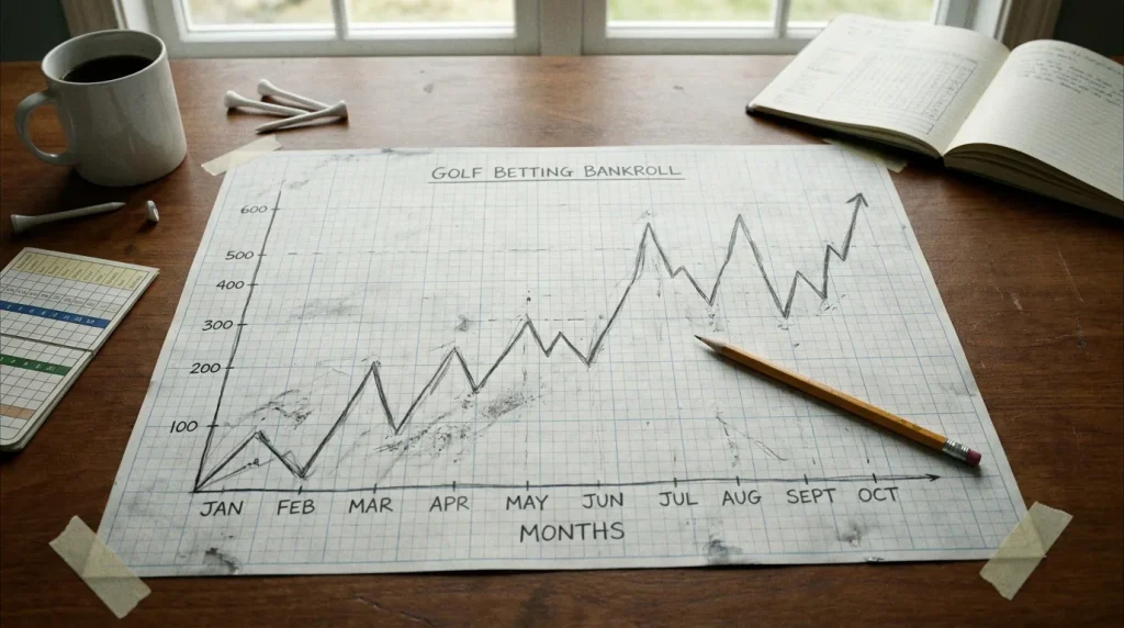 Line graph sketch showing bankroll fluctuations over a golf betting season