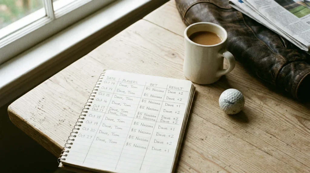 Simple bet tracking notebook with columns for date, player, odds, stake and result