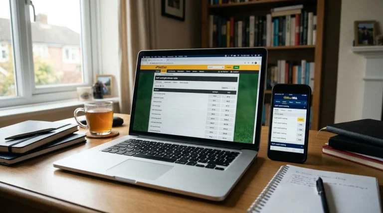 Laptop and phone showing different UK bookmaker websites with golf betting pages