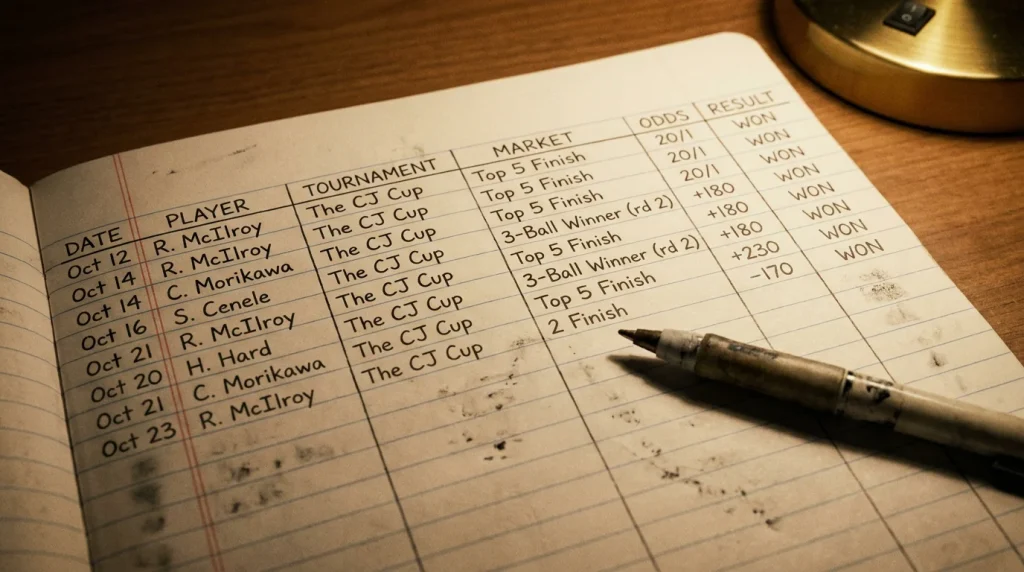 Close-up of a structured golf bet log showing date, player, market and odds columns