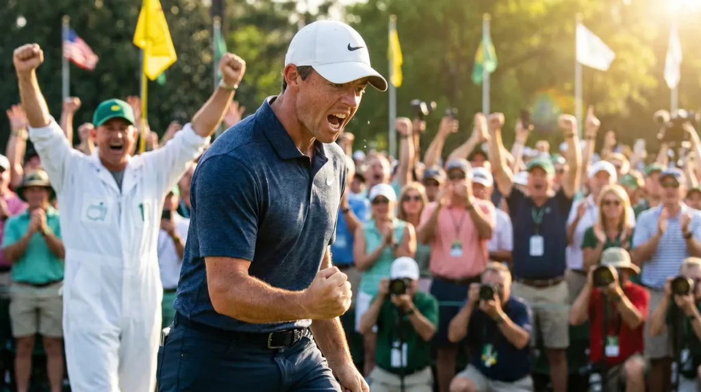 Golfer pumping his fist after sinking a long birdie putt