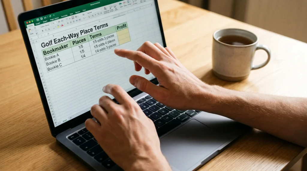 Spreadsheet comparing each-way place terms across UK golf bookmakers
