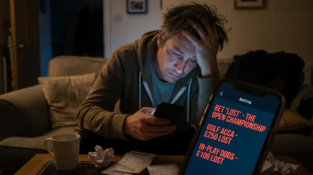 Frustrated punter staring at a phone showing lost golf bets