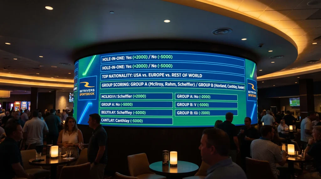Sportsbook screen listing golf prop bet options including hole-in-one and top nationality