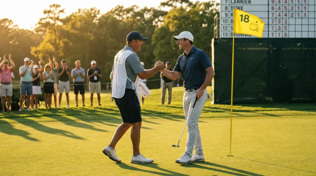 Golfer shaking hands with his caddie after completing a solid final round