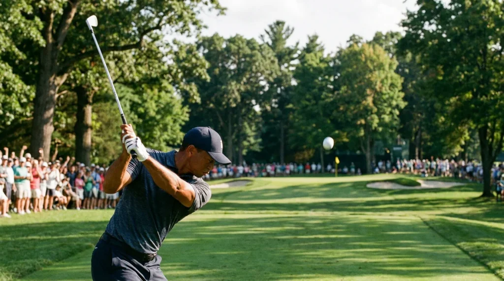 Golfer hitting an iron approach shot on a tree-lined parkland hole