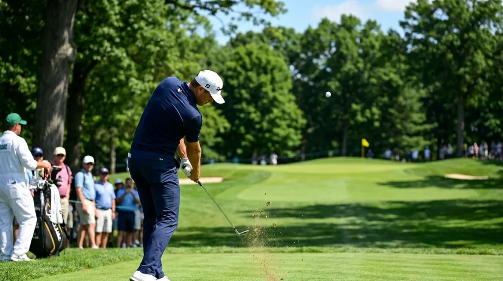 Golfer hitting a precise iron approach shot onto an elevated green