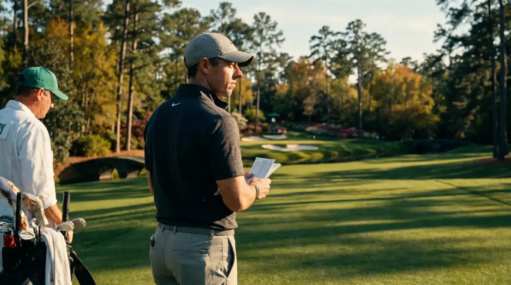 Golfer standing on a familiar course looking at the hole layout