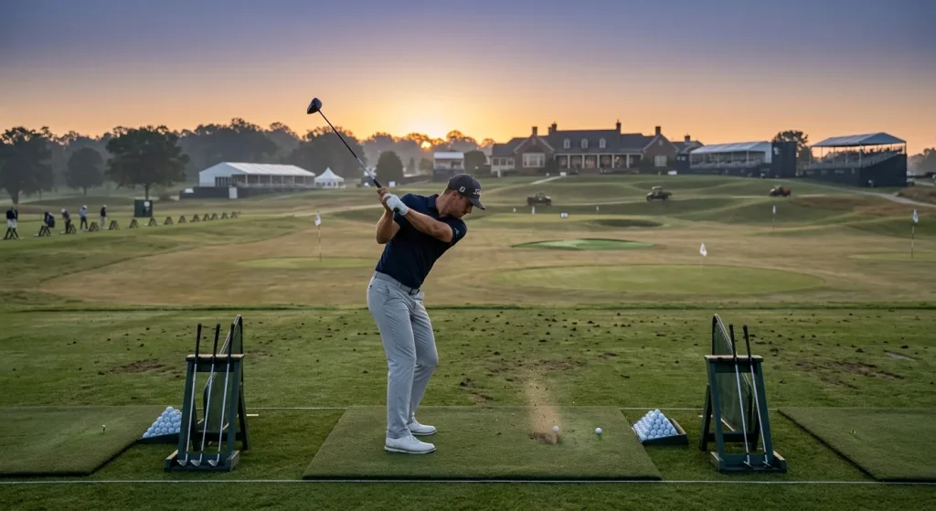 Golfer practising on the range early Friday morning before a crucial second round