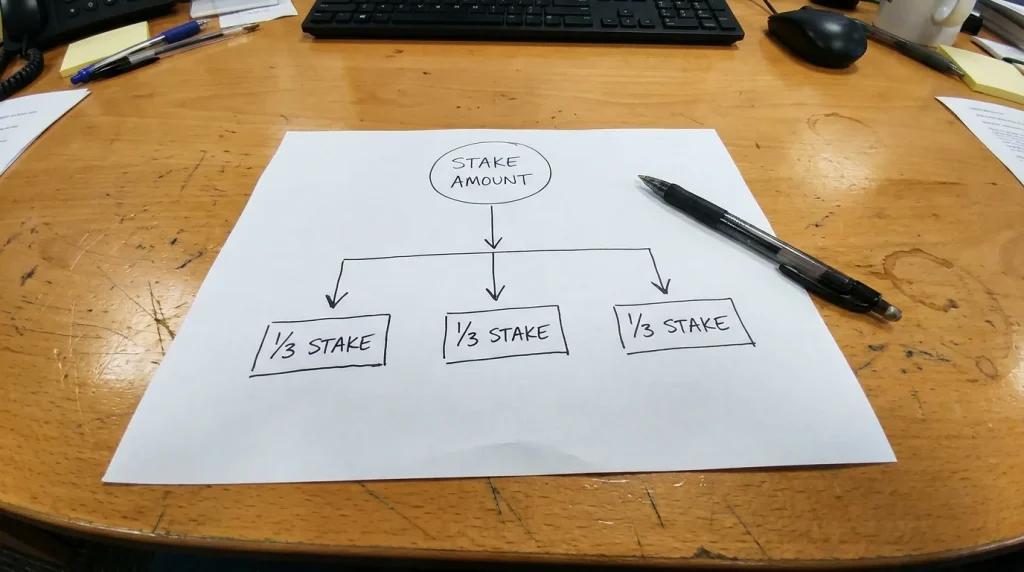 Diagram showing a betting stake split into three equal portions