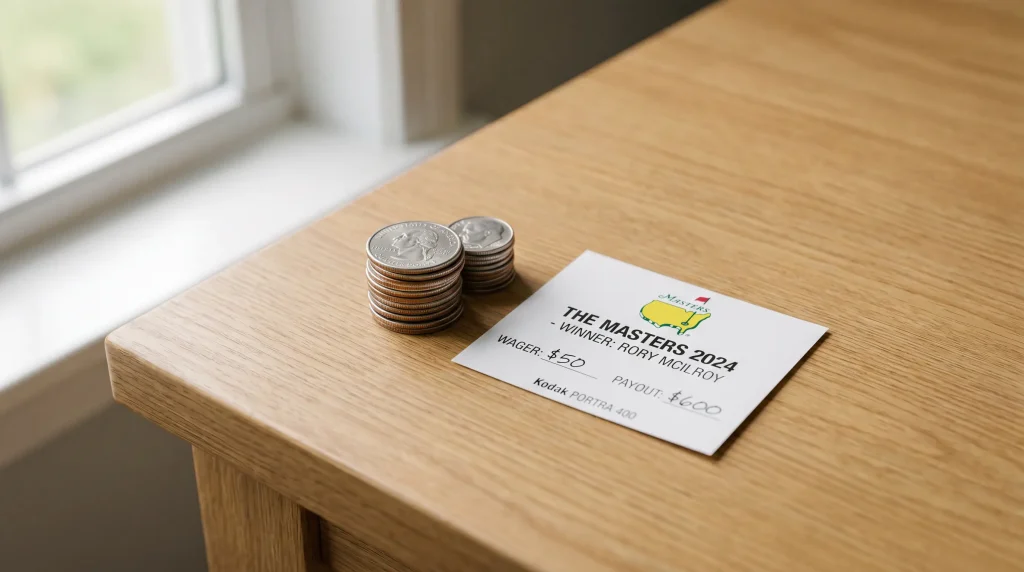 Small stack of coins beside a single golf betting slip on a desk