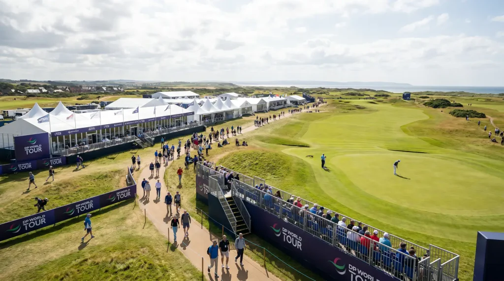 European golf course hosting a DP World Tour event with hospitality tents
