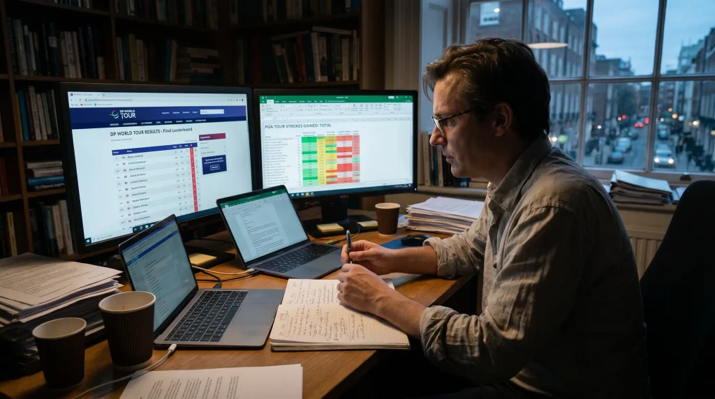 Punter cross-referencing DP World Tour stats with PGA Tour data on dual screens