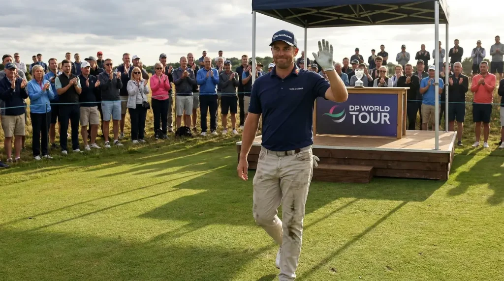 Golfer celebrating a top finish at a smaller DP World Tour event