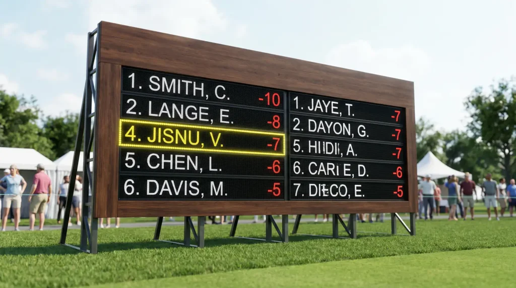 Golf scoreboard showing a player finishing in fourth place at a tournament
