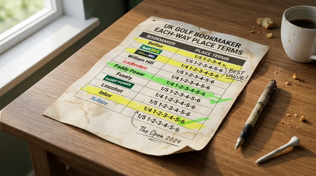 Printed table comparing each-way place terms across UK golf bookmakers