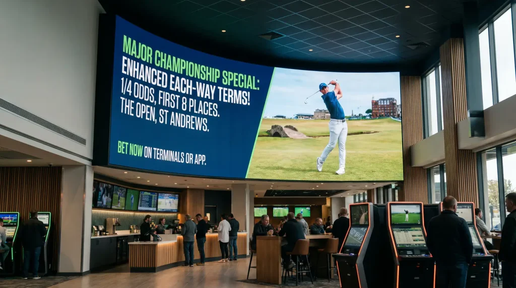 Bookmaker promotion board showing enhanced each-way terms for a golf major