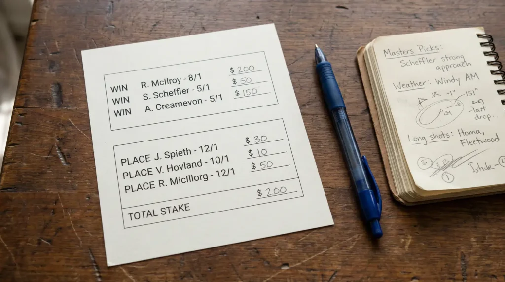 Golf bet slip showing the win and place halves of an each-way wager