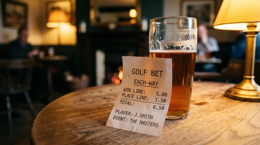 Each-way golf bet slip showing doubled stake with win and place halves highlighted