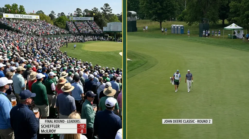 Contrasting views of a packed signature-event gallery and a quiet regular-tour event