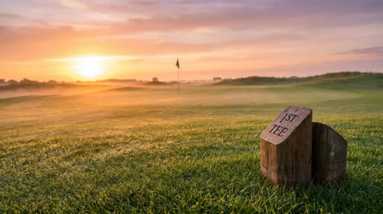 Golf course first tee at sunrise before a Thursday tournament round