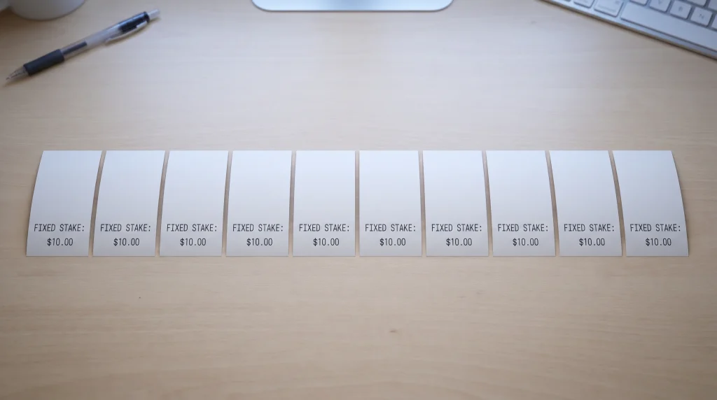 Row of identical betting slips each showing the same fixed stake amount
