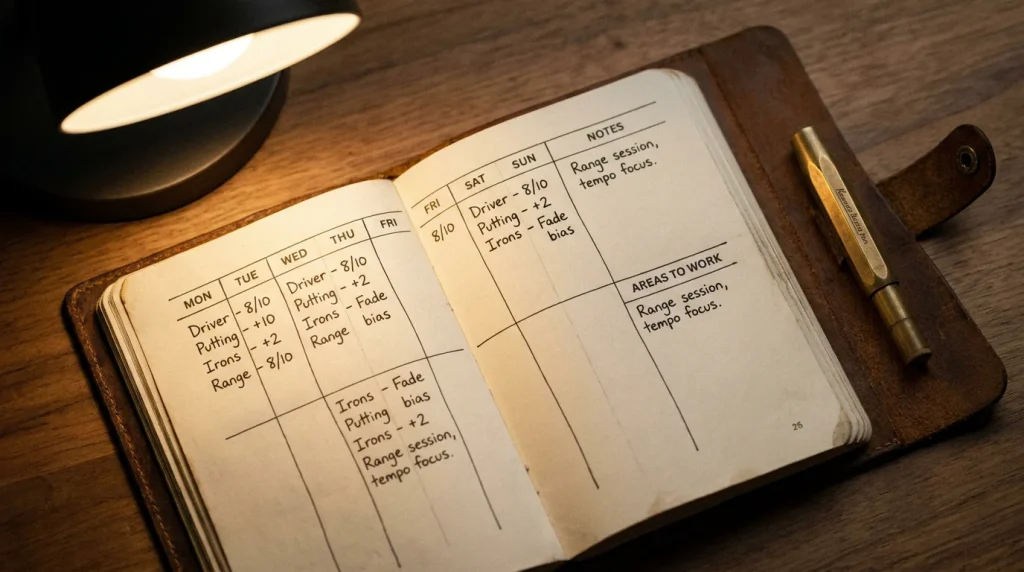 Notebook with a structured weekly form analysis checklist for golf betting