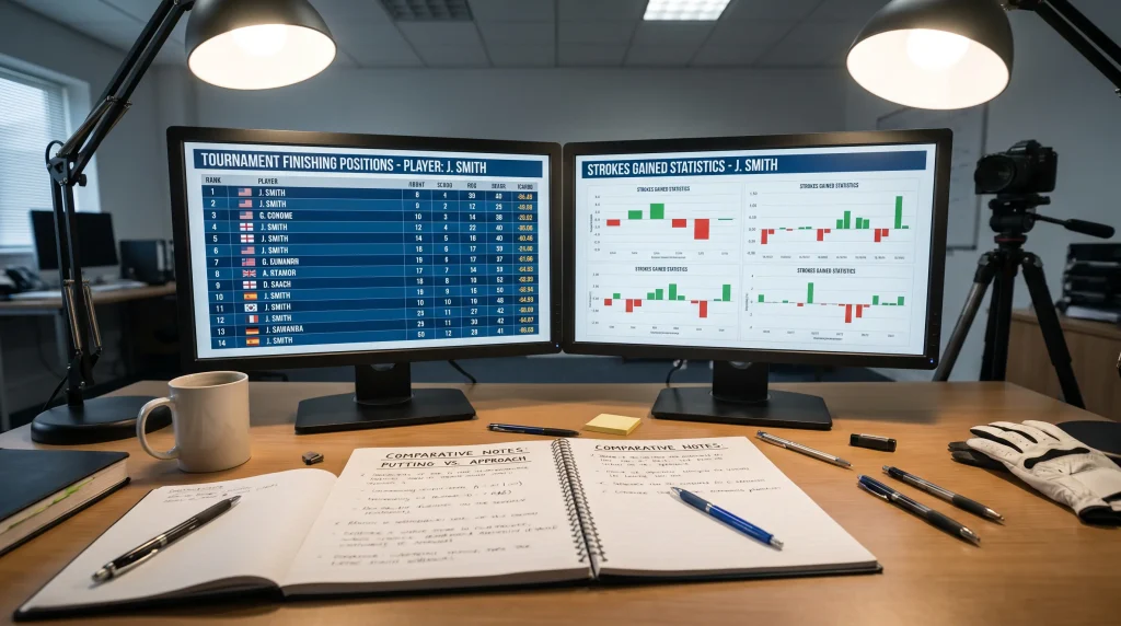 Dual-screen setup comparing finishing positions with strokes gained data for the same golfer