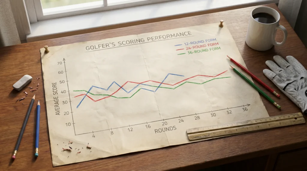 Chart plotting a golfer's performance over 12, 24 and 36-round windows