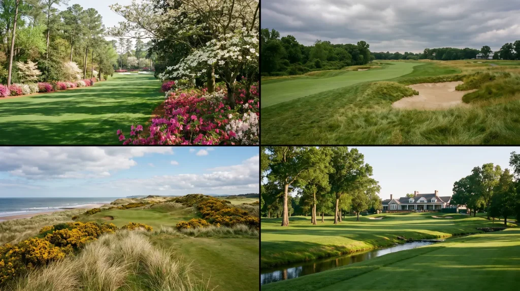 Collage of iconic holes from Augusta, a US Open venue, a links course and a PGA Championship layout