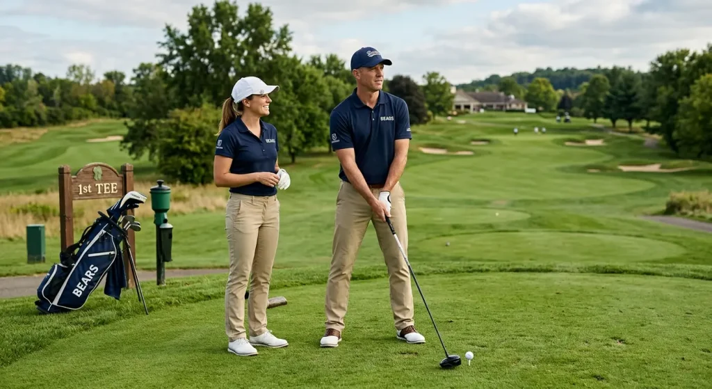 Two-player team preparing to tee off together in a Ryder Cup foursomes session
