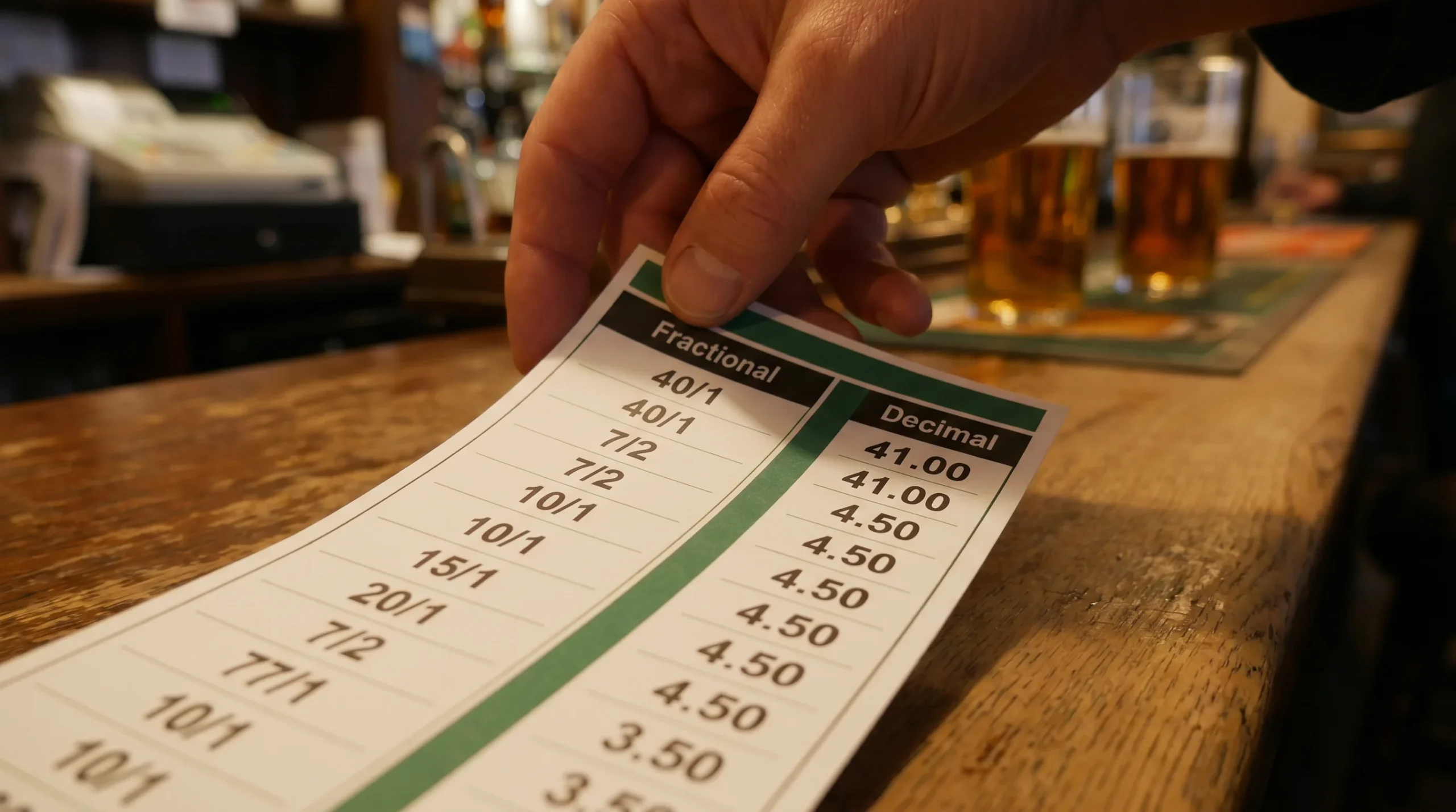 Bookmaker display board showing golf odds in both fractional and decimal formats side by side