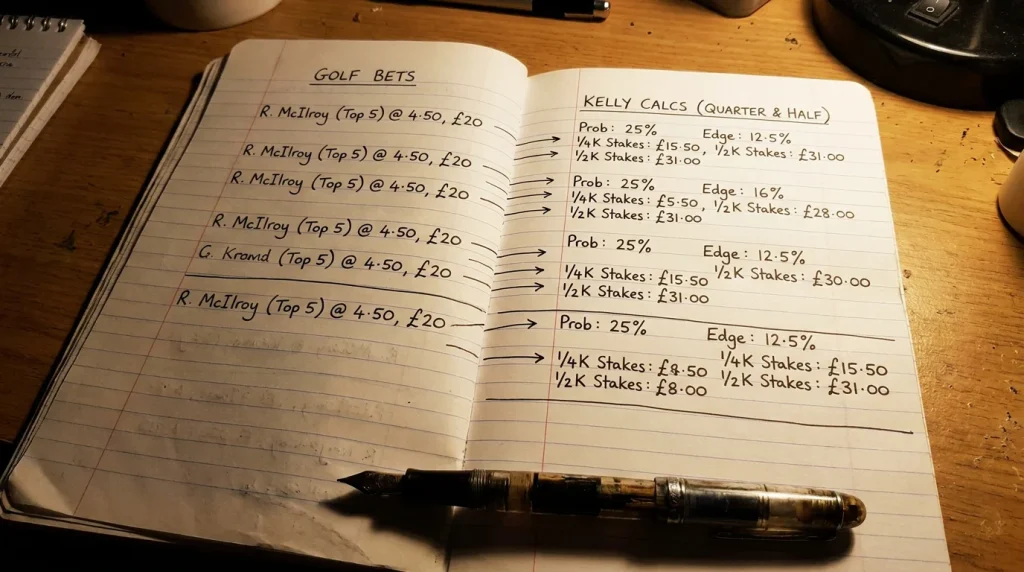 Notebook showing quarter-Kelly and half-Kelly stake calculations for golf bets