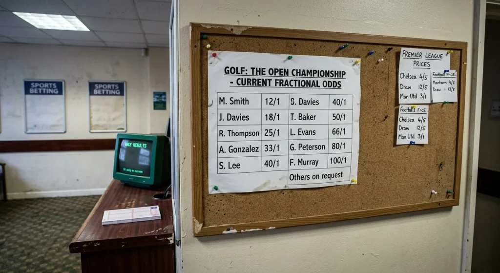 UK betting shop odds board displaying fractional golf prices for a tournament outright market