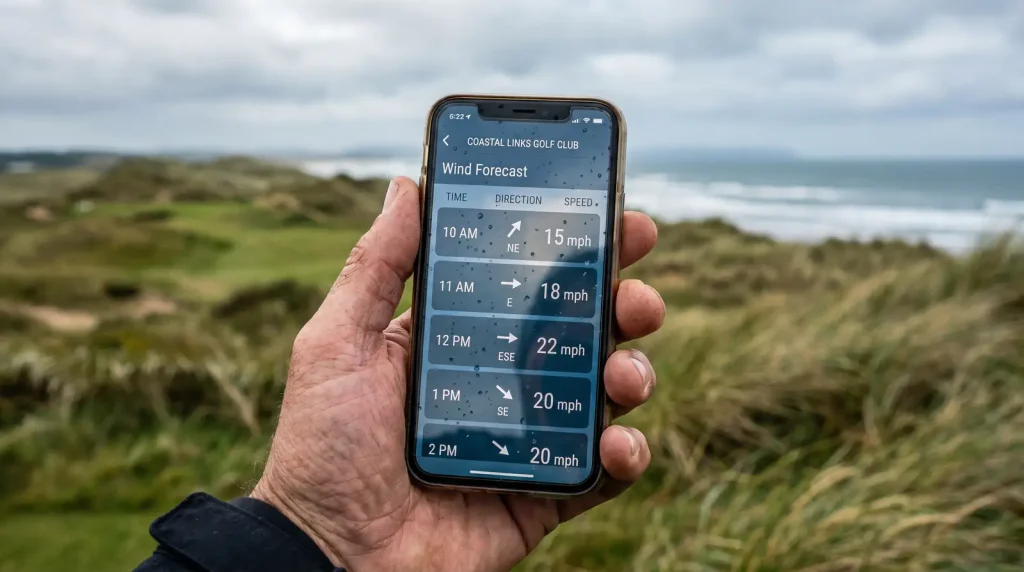 Phone screen displaying an hourly wind forecast for a coastal golf course