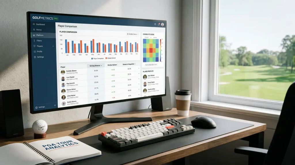 Desktop screen showing a golf data analytics platform with player comparison tools