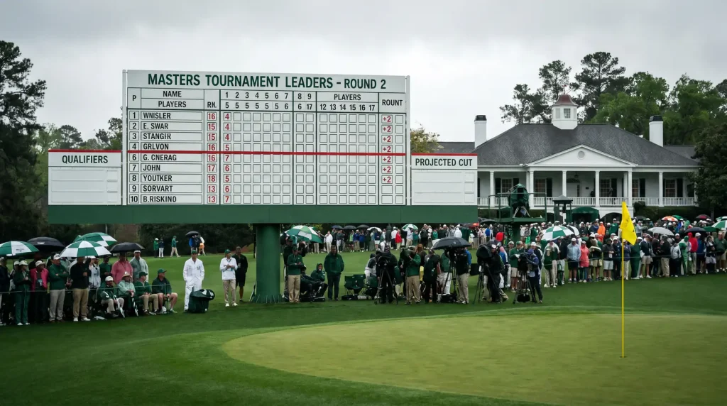 Golf tournament scoreboard displaying the projected cut line after round two