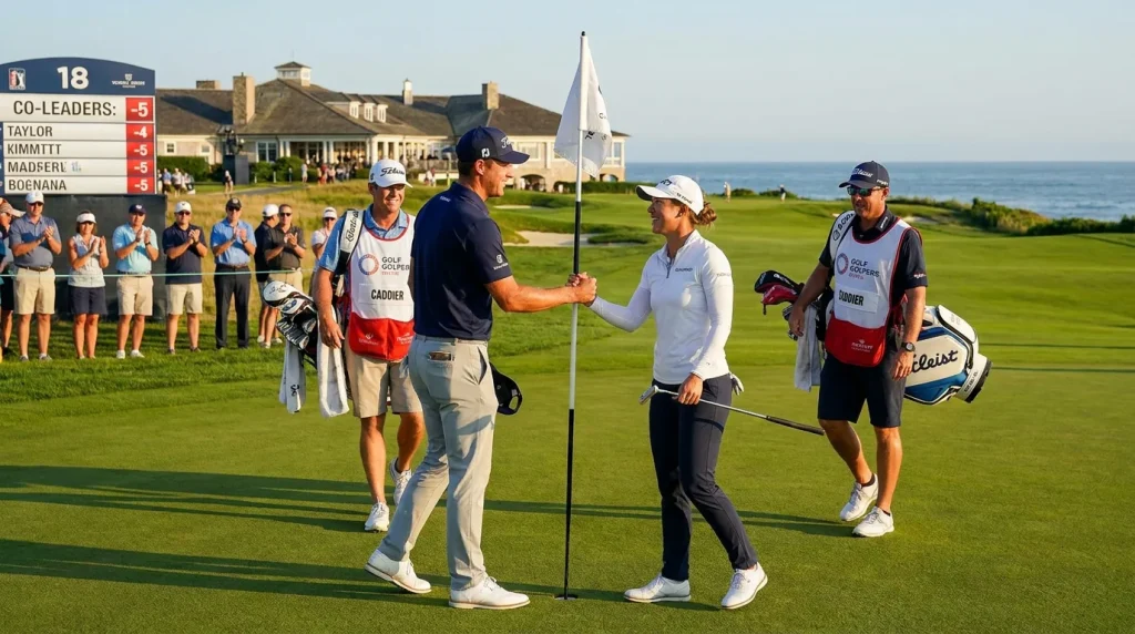 Two golfers shaking hands after tying for the round-one lead