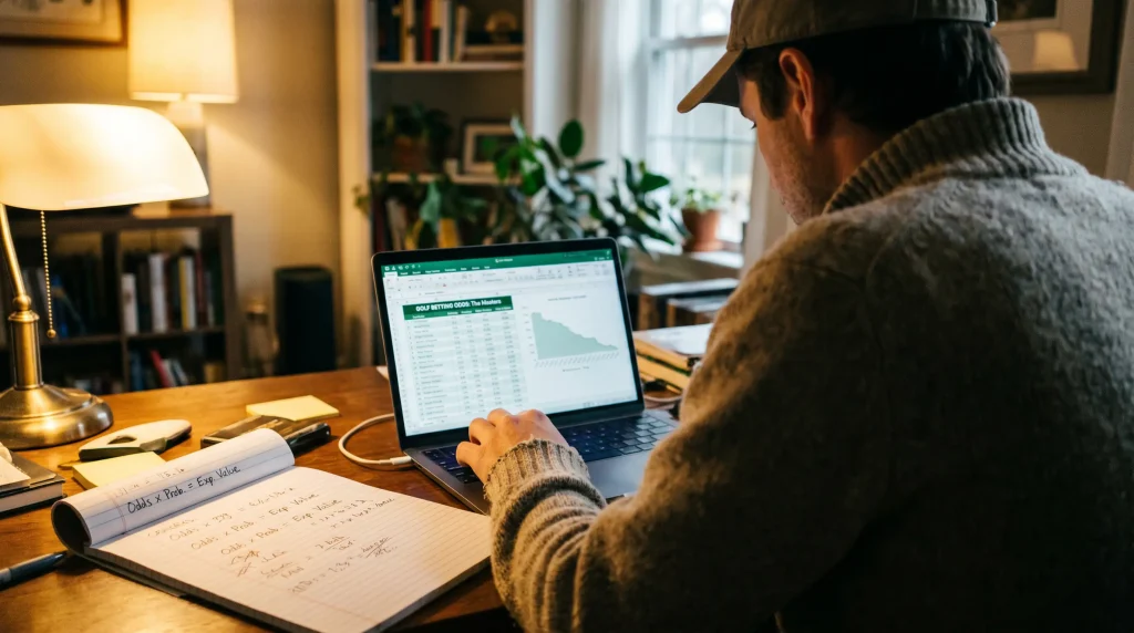 Punter reviewing golf odds on a laptop screen beside handwritten notes