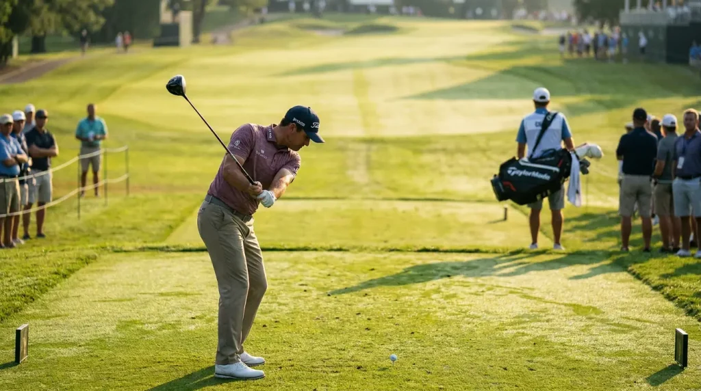 Golfer teeing off on the first hole during a Thursday morning round