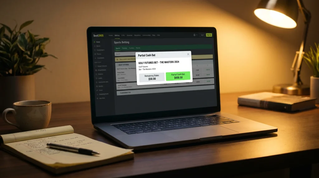Laptop showing a partial cash-out option on a golf futures bet