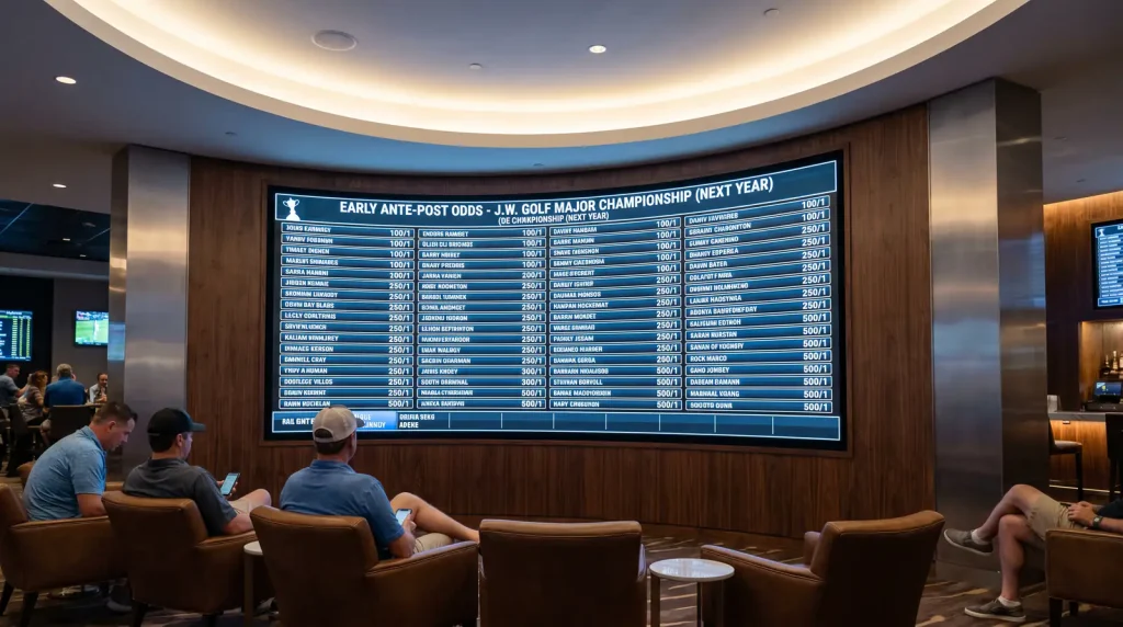 Bookmaker screen showing early ante-post odds for a golf major months ahead