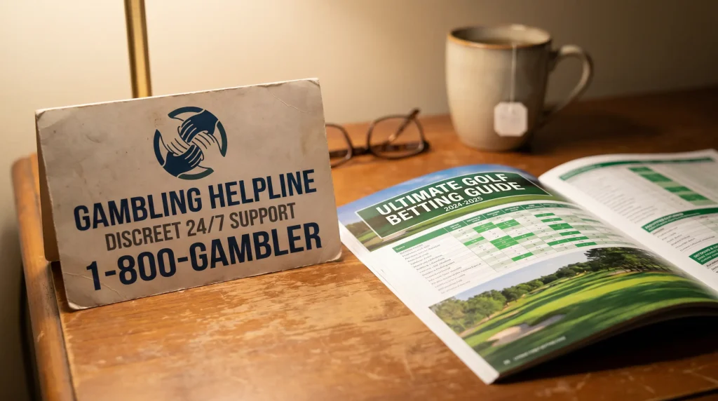 Helpline phone number card for gambling support placed beside a golf betting guide