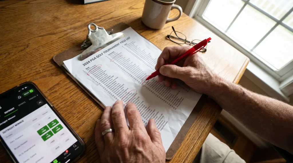 Punter circling selections on a printed golf tournament field list
