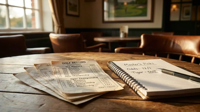 Multiple golf betting slips fanned out on a table beside a notepad