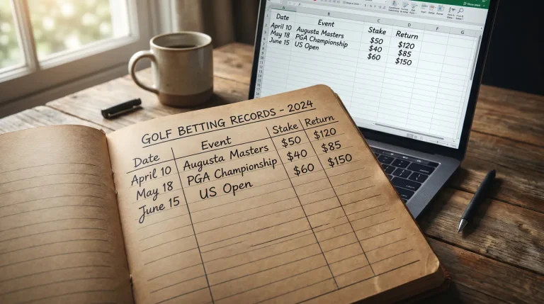 Notebook with handwritten betting records beside a laptop showing a spreadsheet